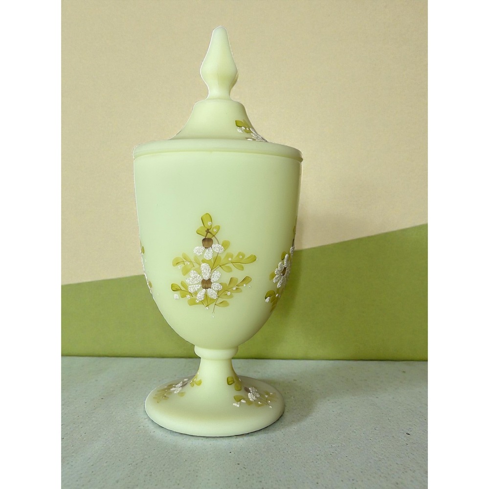 Fenton Custard Uranium Glass Candy Dish Hand Painted Kay Davis Floral Glows - Picture 3 of 15